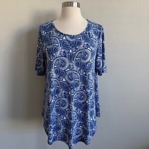 Chico's Blue White Tunic Scoop Neck Floral Swirl Short Sleeve Chico's 0 Small